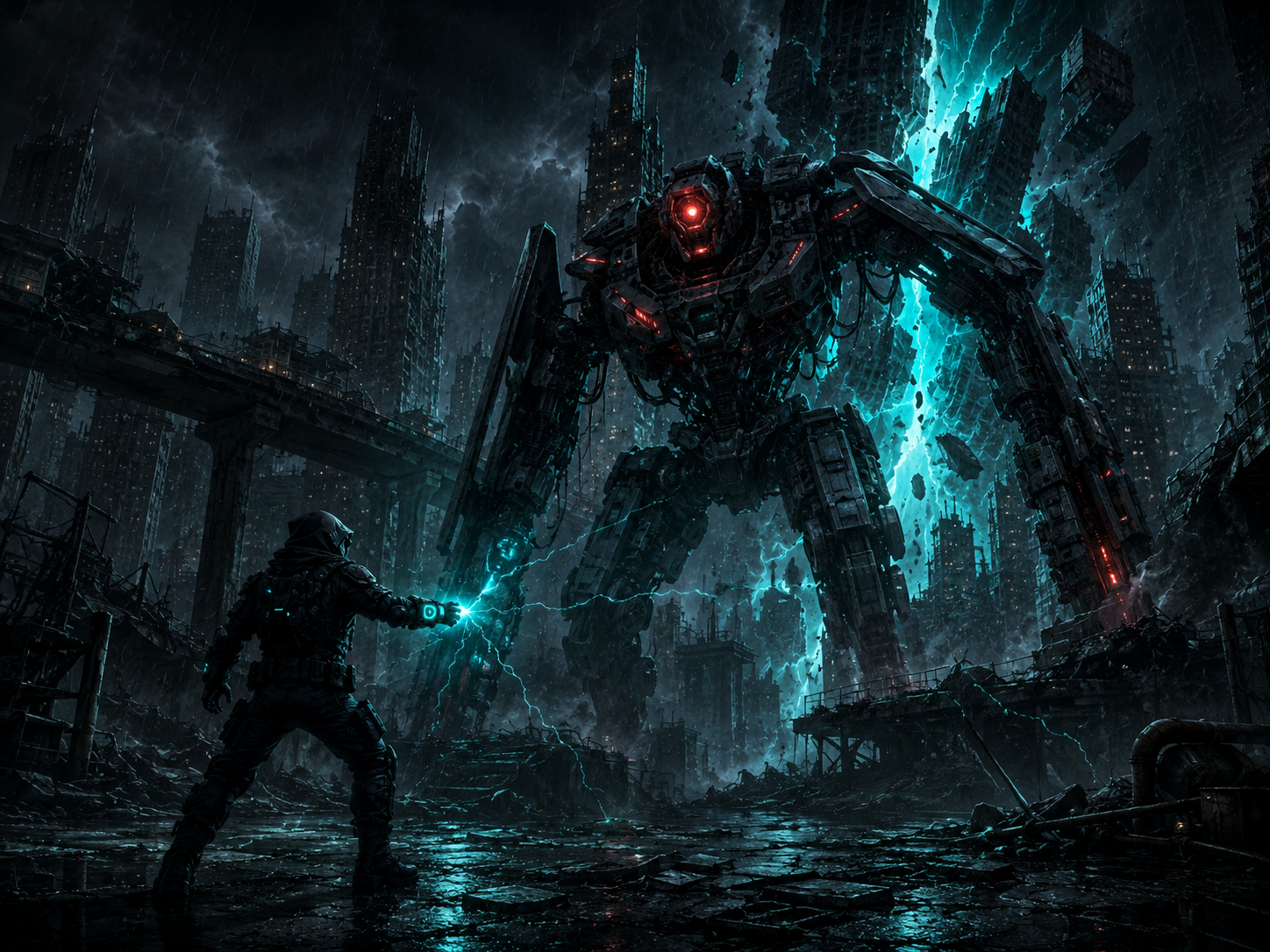 Courier concept art facing a towering machine boss in a stormy city