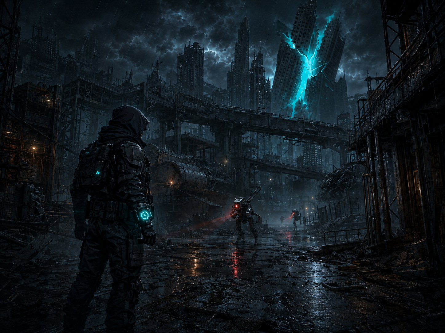 Courier concept art standing in a ruined city corridor