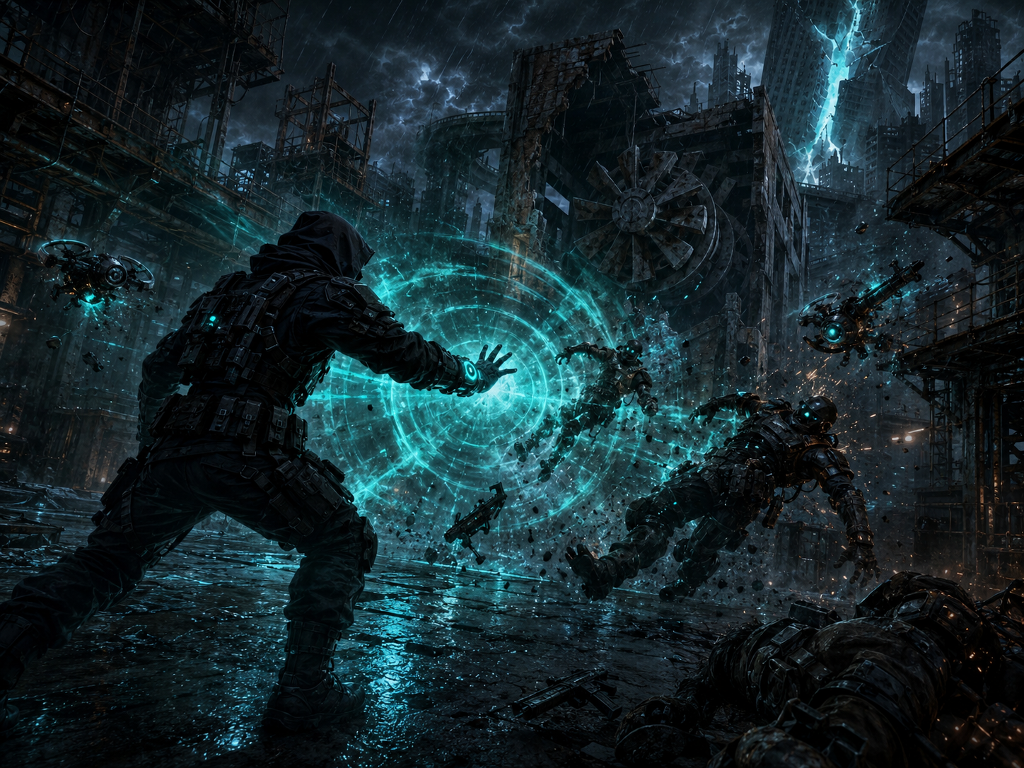 Courier concept art firing a cyan rift pulse in a ruined city