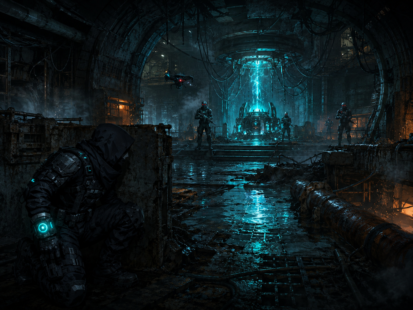 Courier concept art crouched behind cover inside a ruined facility